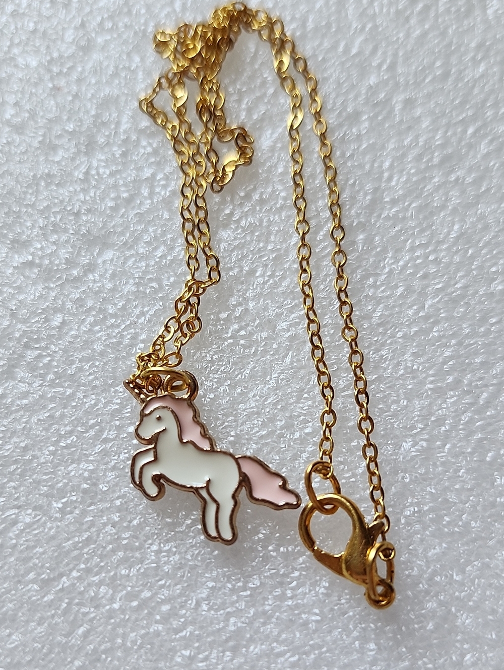 Hand Crafted Gold Tone Necklace with White and Pink Unicorn Pendant